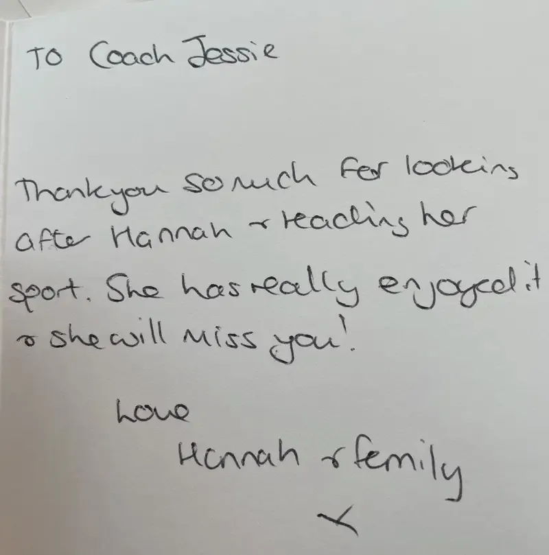 Handwritten thank-you note from Hannah’s family to Coach Jessie
